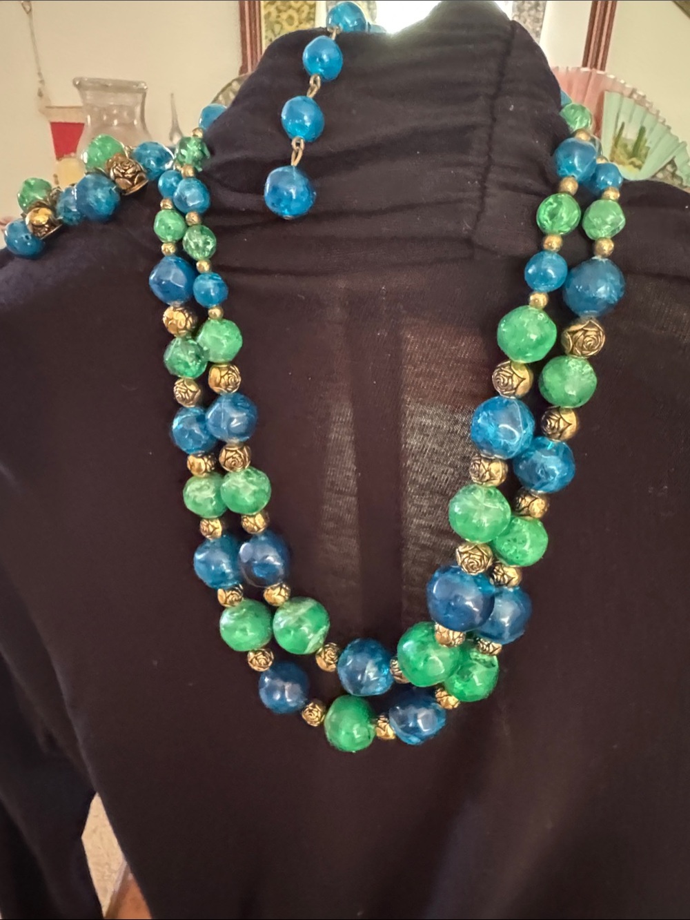 Blue & Green Beaded Statement Necklace with Gold Accents
